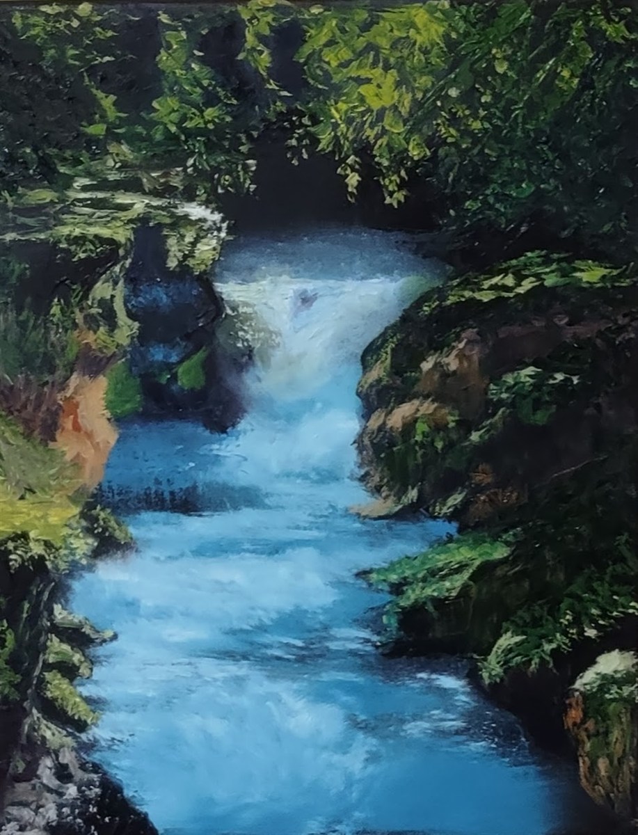 Oil painting of a waterfall cascading through lush Montana forest